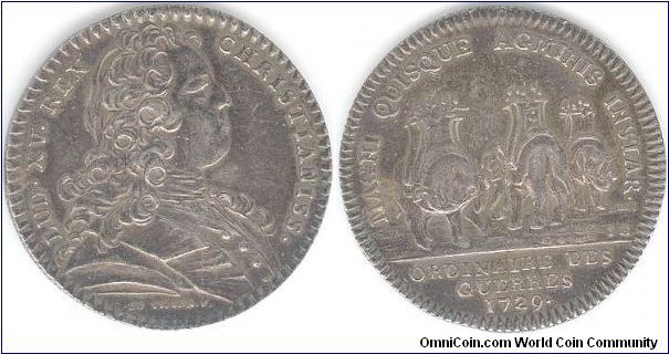 Scarcer silver jeton issued for the `Ordinaire Des Guerres'. Young king Louis XV obverse, three war elephants reverse.