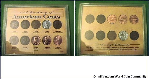 A Century of American Cents.
1909-Indian Head
1918-Lincoln
1929-Depression year
1943-Steel cent
1944-shell case copper
1955S- last S mint wheat
1958-last year for wheat cents
1959-1st year Lincoln memorial reverse
1960D- small date
2000D-Millennium cent.
Coins range from fine to UNC