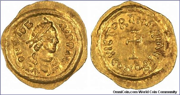 Byzantine gold tremissis (1/3rd solidus) of Emperor Maurice Tiberius, AD 582 - 862, minted in Constantinople, now modern day Istanbul.