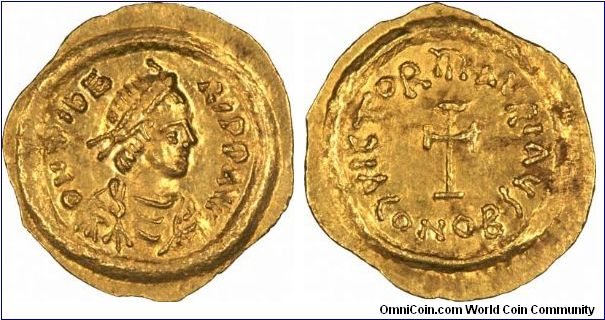 Byzantine gold tremissis (1/3rd solidus) of Emperor Maurice Tiberius, AD 582 - 862, minted in Constantinople, now modern day Istanbul.