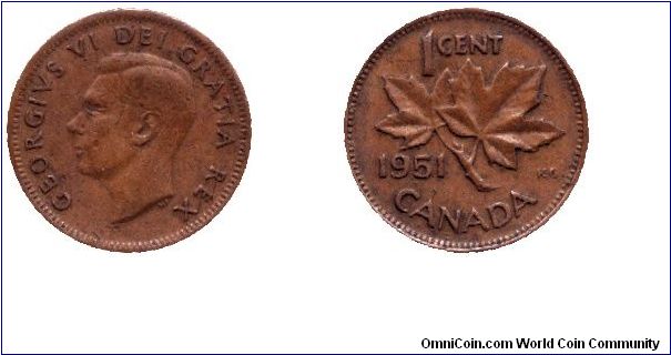 Canada, 1 cent, 1951, Bronze, King George VI, Maple twig.                                                                                                                                                                                                                                                                                                                                                                                                                                                           