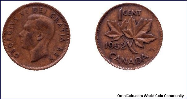 canada, 1 cent, 1952, Bronze, King George VI, Maple twig.                                                                                                                                                                                                                                                                                                                                                                                                                                                           