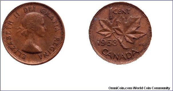 Canada, 1 cent, 1953, Bronze, Queen Elizabeth II, Maple twig.                                                                                                                                                                                                                                                                                                                                                                                                                                                       
