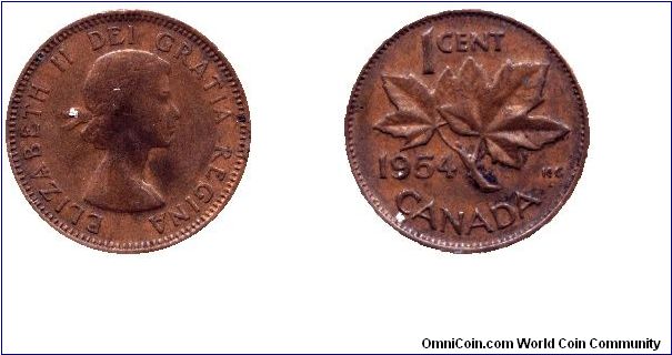 Canada, 1 cent, 1954, Bronze, Queen Elizabeth II, Maple twig.                                                                                                                                                                                                                                                                                                                                                                                                                                                       
