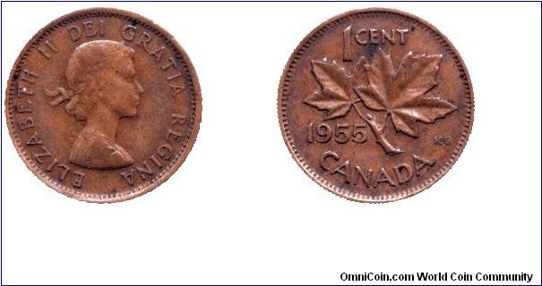 Canada, 1 cent, 1955, Bronze, Queen Elizabeth II, Maple twig.                                                                                                                                                                                                                                                                                                                                                                                                                                                       