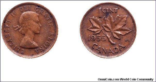 Canada, 1 cent, 1955, Bronze, Queen Elizabeth II, Maple twig.                                                                                                                                                                                                                                                                                                                                                                                                                                                       