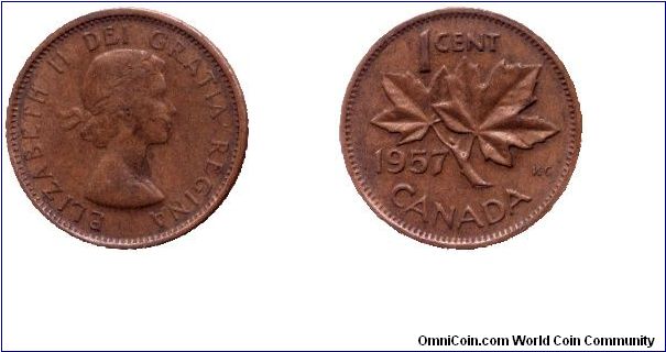 Canada, 1 cent, 1957, Bronze, Queen Elizabeth II, Maple twig.                                                                                                                                                                                                                                                                                                                                                                                                                                                       