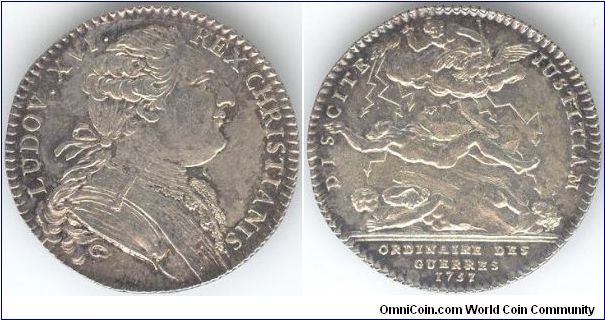 silver jeton issued for the `Ordinaire des Guerres'. Reverse depicts Zeus striking down the Titans and dated 1757 (from dies made at that time and issued under Louis XV), but obviously this one was struck some time in the 1780's using Louis XVI mature bust.