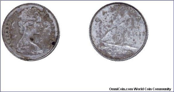 Canada, 10 cents, 1968, Ag-Cu, Queen Elizabeth II, Schooner.                                                                                                                                                                                                                                                                                                                                                                                                                                                        