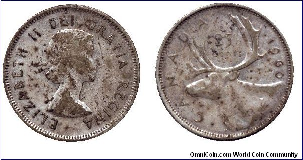 Canada, 25 cents, 1960, Ag, Queen Elizabeth II, Caribou.                                                                                                                                                                                                                                                                                                                                                                                                                                                            