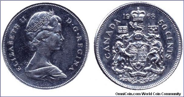 Canada, 50 cents, 1968, Ni, Queen Elizabeth II.                                                                                                                                                                                                                                                                                                                                                                                                                                                                     