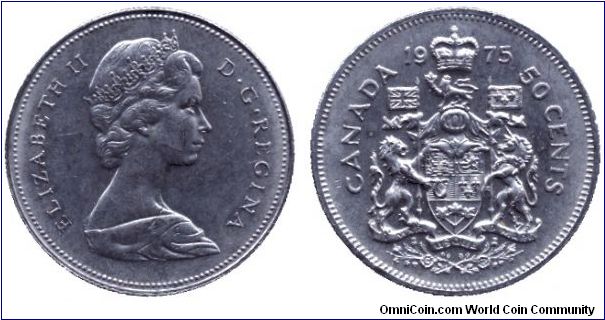 Canada, 50 cents, 1975, Ni, Queen Elizabeth II.                                                                                                                                                                                                                                                                                                                                                                                                                                                                     