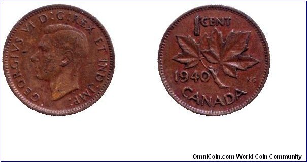 Canada, 1 cent, 1940, Bronze, King George VI, Maple twig.                                                                                                                                                                                                                                                                                                                                                                                                                                                           