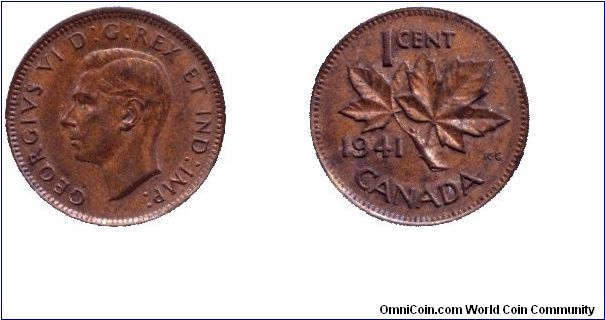 Canada, 1 cent, 1941, Bronze, King George VI, Maple twig.                                                                                                                                                                                                                                                                                                                                                                                                                                                           