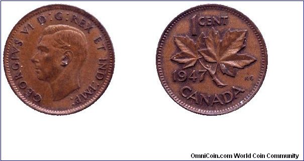 Canada, 1 cent, 1947, Bronze, King George VI, Maple twig.                                                                                                                                                                                                                                                                                                                                                                                                                                                           