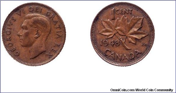 Canada, 1 cent, 1948, Bronze, King George VI, Maple twig.                                                                                                                                                                                                                                                                                                                                                                                                                                                           