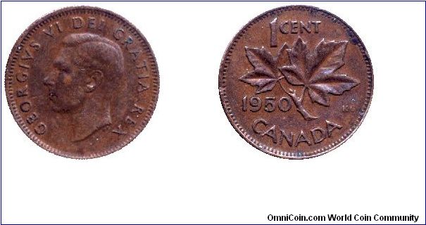 Canada, 1 cent, 1950, Bronze, King George VI, Maple twig.                                                                                                                                                                                                                                                                                                                                                                                                                                                           