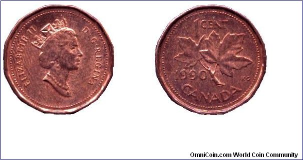 Canada, 1 cent, 1990, Bronze, Queen Elizabeth II, Maple twig.                                                                                                                                                                                                                                                                                                                                                                                                                                                       