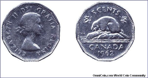 Canada, 5 cents, 1962, Ni, Queen Elizabeth II, Beaver.                                                                                                                                                                                                                                                                                                                                                                                                                                                              