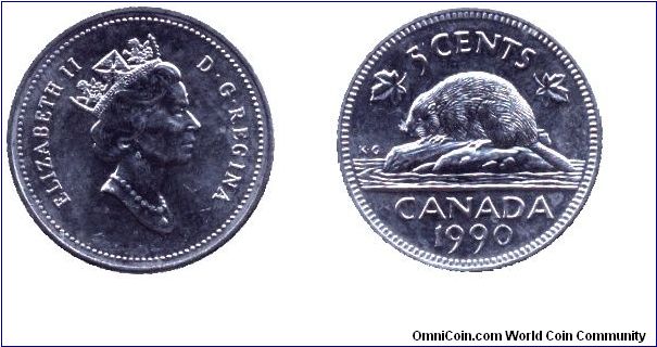 Canada, 5 cents, 1990, Queen Elizabeth II, Beaver.                                                                                                                                                                                                                                                                                                                                                                                                                                                                  