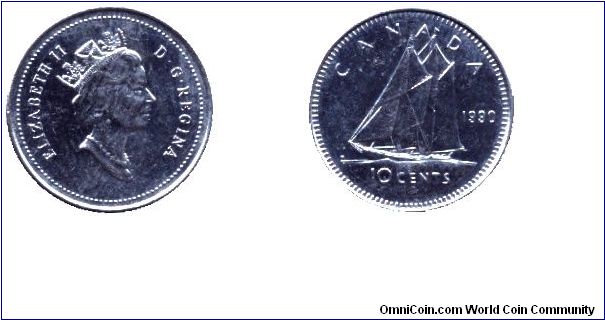 Canada, 10 cents, 1990, Ni, Queen Elizabeth II, Schooner.                                                                                                                                                                                                                                                                                                                                                                                                                                                           