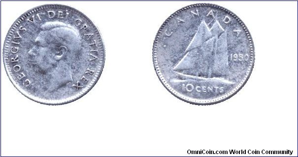 Canada, 10 cents, 1950, Ag, King George VI, Schooner.                                                                                                                                                                                                                                                                                                                                                                                                                                                               
