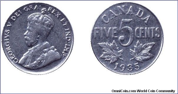 Canada, 5 cents, 1935, Ni, King George V.                                                                                                                                                                                                                                                                                                                                                                                                                                                                           