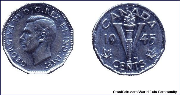Canada, 5 cents, 1945, Ni, King George VI, Victory.                                                                                                                                                                                                                                                                                                                                                                                                                                                                 