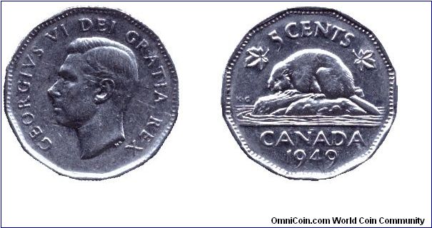 Canada, 5 cents, 1949, Ni, King George VI, Beaver.                                                                                                                                                                                                                                                                                                                                                                                                                                                                  