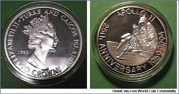 20 Crowns, 25th Anniversary of Apollo 11 Moon Landing.
Silver 39mm 31.2 grams 0.9990 silver