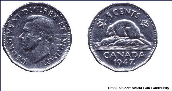 Canada, 5 cents, 1947, Ni, King George VI, Beaver.                                                                                                                                                                                                                                                                                                                                                                                                                                                                  