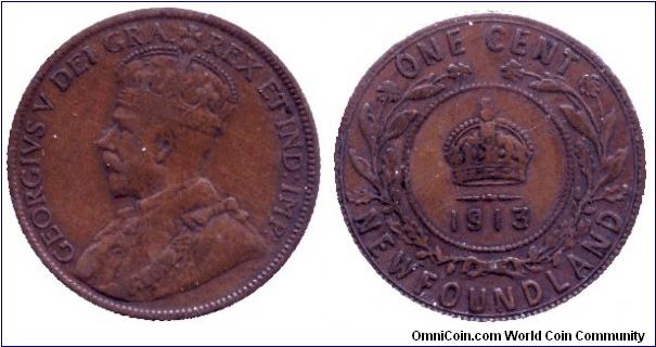 New Foundland, 1 cent, 1913, Bronze, King George V.                                                                                                                                                                                                                                                                                                                                                                                                                                                                 
