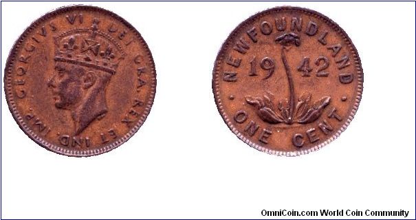 New Foundland, 1 cent, 1942, Bronze, King George VI.                                                                                                                                                                                                                                                                                                                                                                                                                                                                