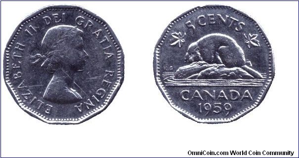 Canada, 5 cents, 1959, Ni, Queen Elizabeth II, Beaver.                                                                                                                                                                                                                                                                                                                                                                                                                                                              