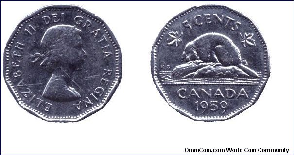 Canada, 5 cents, 1959, Ni, Queen Elizabeth II, Beaver.                                                                                                                                                                                                                                                                                                                                                                                                                                                              