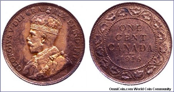 Canada, 1 cent, 1916, Bronze, King George V.                                                                                                                                                                                                                                                                                                                                                                                                                                                                        