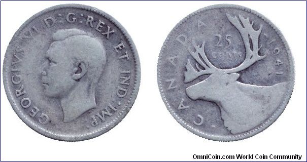 Canada, 25 cents, 1941, Ag, King George VI, Caribou.                                                                                                                                                                                                                                                                                                                                                                                                                                                                