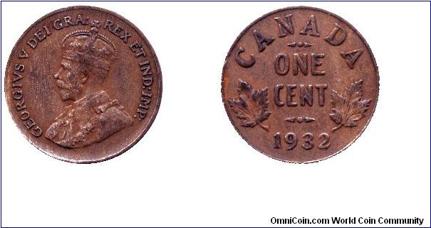 Canada, 1 cent, 1932, Bronze, King George V.                                                                                                                                                                                                                                                                                                                                                                                                                                                                        