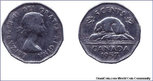 Canada, 5 cents, 1957, Ni, Queen Elizabeth II, Beaver.                                                                                                                                                                                                                                                                                                                                                                                                                                                              