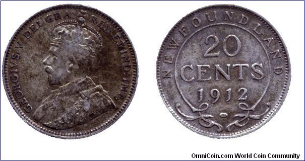 New Foundland, 20 cents, 1912, Ag, King George V.                                                                                                                                                                                                                                                                                                                                                                                                                                                                   