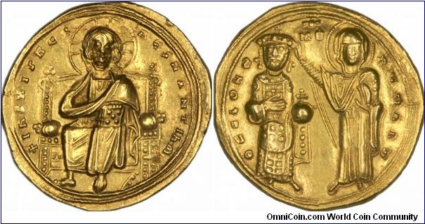 Byzantine gold histamenon nomisma (solidus), of Emperor Romanus III Argyrus, 582 - 862 AD. Obverse shows Christ enthroned, reverse shows the emperor being crowned by the Virgin Mary.