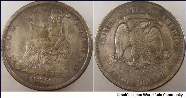 1878 S Trade dollar Type II/II
OBVERSE TYPE II, RIBBON ENDS POINT DOWN, 1876-1885

REVERSE TYPE II: NO BERRY BELOW CLAW, 1875-1885