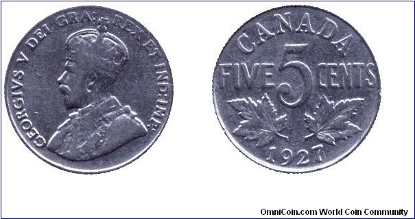 Canada, 5 cents, 1927, Ni, King George V.                                                                                                                                                                                                                                                                                                                                                                                                                                                                           
