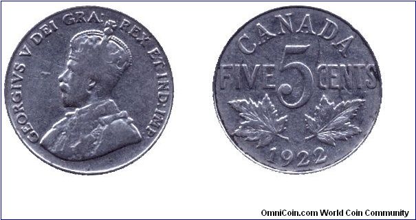 Canada, 5 cents, 1922, Ni, King George V.                                                                                                                                                                                                                                                                                                                                                                                                                                                                           