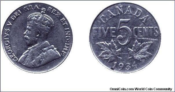 Canada, 5 cents, 1934, Ni, King George V.                                                                                                                                                                                                                                                                                                                                                                                                                                                                           