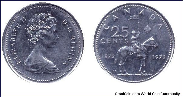 Canada, 25 cents, 1973, Ni, Queen Elizabeth II, Royal Canadian Mounted Police Centenary, 1873-1973.                                                                                                                                                                                                                                                                                                                                                                                                                 