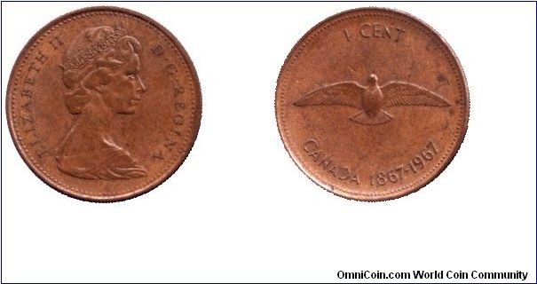 Canada, 1 cent, 1967, Bronze, Queen Elizabeth II, 100th Anniversary of Canada.                                                                                                                                                                                                                                                                                                                                                                                                                                      