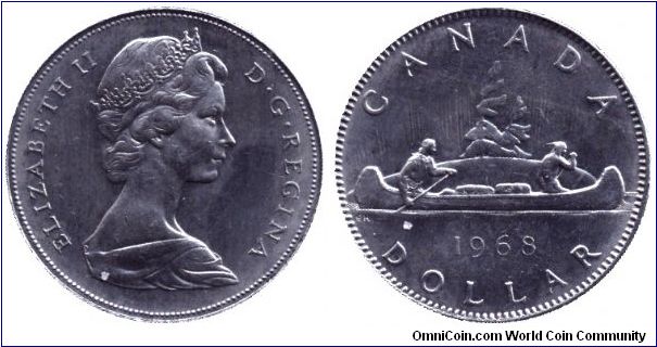 Canada, 1 dollar, 1968, Ni, Queen Elizabeth II, Canadian canoe.                                                                                                                                                                                                                                                                                                                                                                                                                                                     