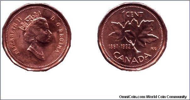 Canada, 1 cent, 1992, Bronze, Queen Elizabeth II, Maple twig, 1867-1992, 125th Anniversary of Canada.                                                                                                                                                                                                                                                                                                                                                                                                               