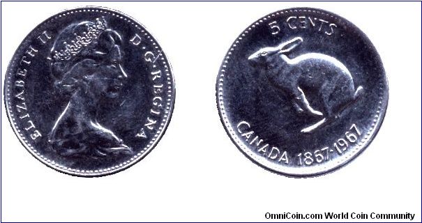 Canada, 5 cents, 1967, Ni, Queen Elizabeth II, hare, 1867-1967, 100th Anniversary of Canada.                                                                                                                                                                                                                                                                                                                                                                                                                        